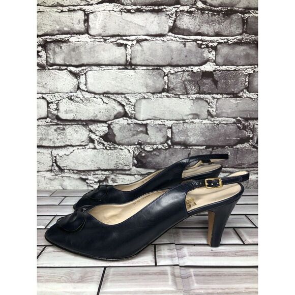 Salvatore Ferragamo Navy Blue Leather Bow Peep Toe Heels Women 9AA NEED HEELCAPS - Picture 1 of 16